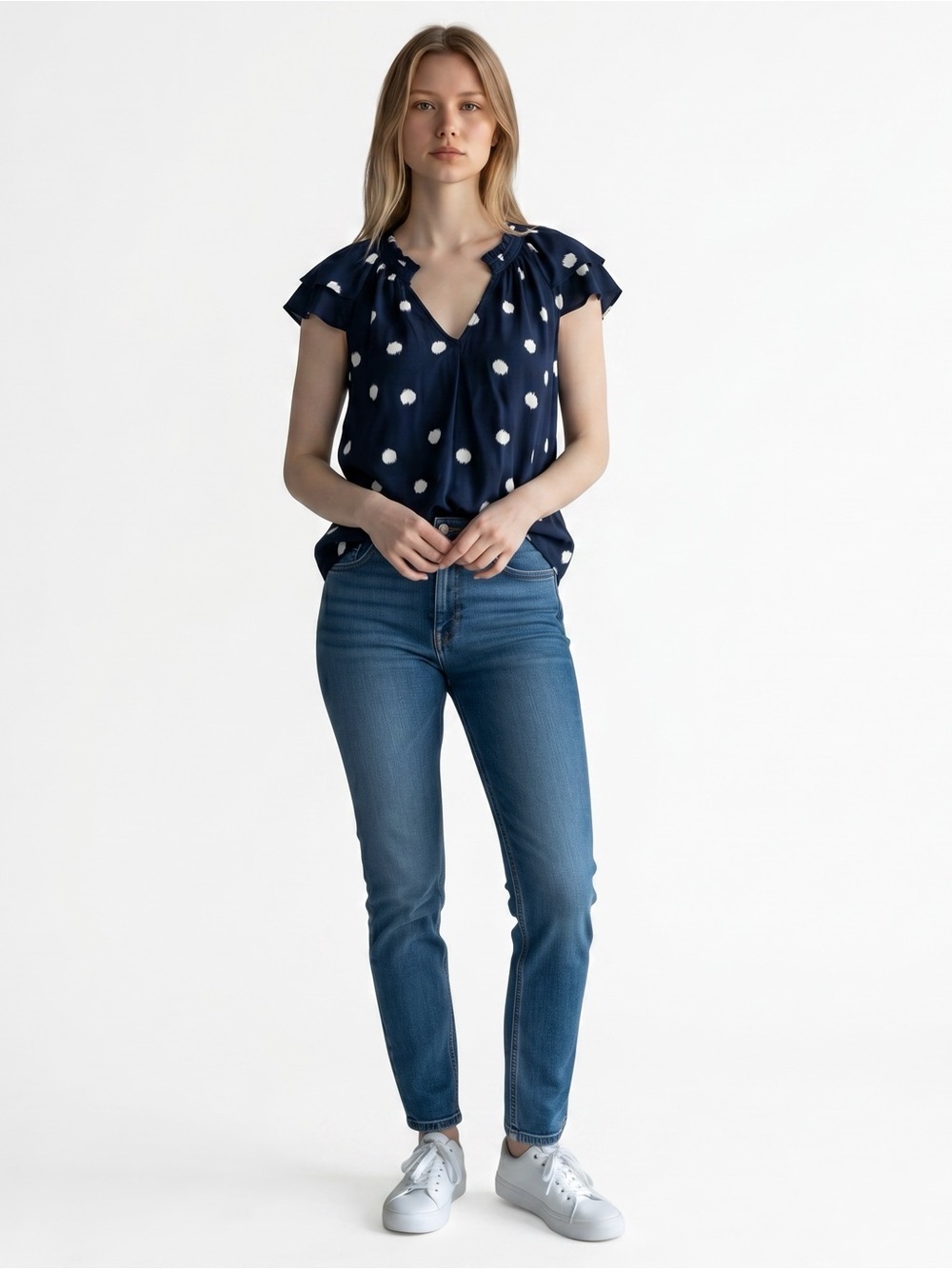 A New Day Navy Blue Polka Dot Flutter Sleeve Blouse